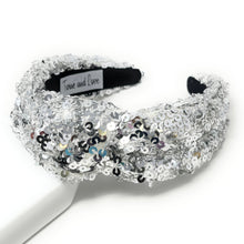 Load image into Gallery viewer, New Years Jeweled Headband, Holiday Headband, New Year’s Knotted Headband, New Years Hair Accessories, Silver Headband, Best Seller, New Year headband, best selling items, sequin knotted headband, Holiday gifts, New Years knot Headband, Silver hair accessories, Silver  sequin headband, Silver holiday headband, Sequin headband, embellished knot headband, jeweled knot headband, New Years Eve Jeweled headband, New Year Embellished headband, Custom headband, Unique headbands, handmade headbands