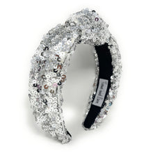 Load image into Gallery viewer, New Years Jeweled Headband, Holiday Headband, New Year’s Knotted Headband, New Years Hair Accessories, Silver Headband, Best Seller, New Year headband, best selling items, sequin knotted headband, Holiday gifts, New Years knot Headband, Silver hair accessories, Silver  sequin headband, Silver holiday headband, Sequin headband, embellished knot headband, jeweled knot headband, New Years Eve Jeweled headband, New Year Embellished headband, Custom headband, Unique headbands, handmade headbands