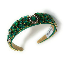Load image into Gallery viewer, headband for women, fall headband, emerald color headband, fall winter headband, green headband, bridal headband, bridal accessories, green color hairband, green hair band, unique green headband, unique headband, statement headbands, green bridal headband, baroque headband, green hair accessories, unique baroque headband, gemstone headband, luxury headband, embellished headband, dainty headband, baroque embellished headband, custom headband, green jeweled headband