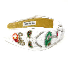 Load image into Gallery viewer, headband for women, Golf Knot headband, golf lover headband, Golf knotted headband, golf top knot headband, golf top knotted headband, golf beaded knot headband, Golf hair band, Golfer knot headbands, white color golfer headband, statement headbands, top knotted headband, knotted headband, golf love gifts, golf embellished headband, gemstone knot headband, luxury headband, embellished knot headband, jeweled knot headband, Golf knot embellished headband