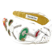 Load image into Gallery viewer, headband for women, Golf Knot headband, golf lover headband, Golf knotted headband, golf top knot headband, golf top knotted headband, golf beaded knot headband, Golf hair band, Golfer knot headbands, white color golfer headband, statement headbands, top knotted headband, knotted headband, golf love gifts, golf embellished headband, gemstone knot headband, luxury headband, embellished knot headband, jeweled knot headband, Golf knot embellished headband