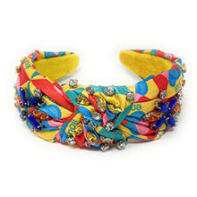 Load image into Gallery viewer, headband for women, summer Knot headband, Summer lover headband, emoji knotted headband, multicolor top knot headband, multi color top knotted headband, multi floral knotted headband, multicolored headband, embellished hair band, bejeweled knot headbands, jeweled multicolor knot headband, statement headbands, top knotted headband, knotted headband, embellished headband, multi color knot headband, emoji top knot headband, retro knotted headband