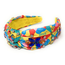 Load image into Gallery viewer, headband for women, summer Knot headband, Summer lover headband, emoji knotted headband, multicolor top knot headband, multi color top knotted headband, multi floral knotted headband, multicolored headband, embellished hair band, bejeweled knot headbands, jeweled multicolor knot headband, statement headbands, top knotted headband, knotted headband, embellished headband, multi color knot headband, emoji top knot headband, retro knotted headband