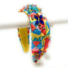 Load image into Gallery viewer, headband for women, summer Knot headband, Summer lover headband, emoji knotted headband, multicolor top knot headband, multi color top knotted headband, multi floral knotted headband, multicolored headband, embellished hair band, bejeweled knot headbands, jeweled multicolor knot headband, statement headbands, top knotted headband, knotted headband, embellished headband, multi color knot headband, emoji top knot headband, retro knotted headband