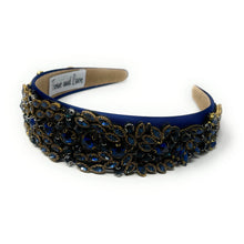 Load image into Gallery viewer, headband for women, fall headband, blue baroque headband, fall winter headband, navy blue headband, bridal headband, bridal accessories, blue luxurious hairband, luxurious hair band, unique embellished headband, unique headband, statement headband, custom bridal headband, blue color accessories, embellished headband, gemstone headband, luxury headband, embellished headband, bling headband, baroque embellished headband, custom headband, jeweled baroque headband, evening hair accessory