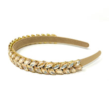 Load image into Gallery viewer, headband for women, fall headband, gold color headband, fall winter headband, gold headband, gold dainty headband, gold baroque  headband, dainty gold headband, gold hair band, unique gold headbands, unique headband, statement headbands, gold leaf headband, knotted headband, gold hair accessories, embellished headband, gemstone headband, luxury headband, embellished headband, jeweled dainty headband, baroque embellished headband, custom headband