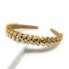 Load image into Gallery viewer, headband for women, fall headband, gold color headband, fall winter headband, gold headband, gold dainty headband, gold baroque  headband, dainty gold headband, gold hair band, unique gold headbands, unique headband, statement headbands, gold leaf headband, knotted headband, gold hair accessories, embellished headband, gemstone headband, luxury headband, embellished headband, jeweled dainty headband, baroque embellished headband, custom headband