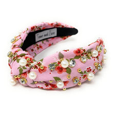Load image into Gallery viewer, headbands for women, Wide knot headband, handmade headbands, top knotted headband, knotted headband, hair band for women, embellished headband, rhinestone headband, bejeweled floral headband, luxury headband, jeweled headband, knotted jeweled headband, bling headband, embellished knot headband, luxury knot headband, knot headband, Floral rhinestone headband, pink hair accessories, floral headbands, summer headbands, custom jeweled headband, embellished headband, best selling items, custom headbands