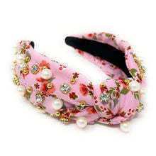 Load image into Gallery viewer, headbands for women, Wide knot headband, handmade headbands, top knotted headband, knotted headband, hair band for women, embellished headband, rhinestone headband, bejeweled floral headband, luxury headband, jeweled headband, knotted jeweled headband, bling headband, embellished knot headband, luxury knot headband, knot headband, Floral rhinestone headband, pink hair accessories, floral headbands, summer headbands, custom jeweled headband, embellished headband, best selling items, custom headbands