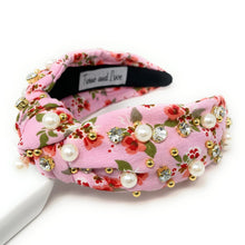 Load image into Gallery viewer, headbands for women, Wide knot headband, handmade headbands, top knotted headband, knotted headband, hair band for women, embellished headband, rhinestone headband, bejeweled floral headband, luxury headband, jeweled headband, knotted jeweled headband, bling headband, embellished knot headband, luxury knot headband, knot headband, Floral rhinestone headband, pink hair accessories, floral headbands, summer headbands, custom jeweled headband, embellished headband, best selling items, custom headbands