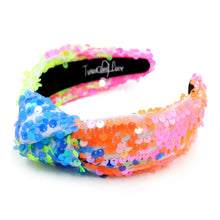 Load image into Gallery viewer, headband for women, summer Knot headband, Summer lover headband, Summer knotted headband, Multicolor top knot headband, multi color top knotted headband, multicolor knotted headband, Bright knot headband, Sequin hair band, neon knot headbands, Neon headband, statement headbands, top knotted headband, knotted headband, Multicolor accessories, embellished headband, gemstone knot headband, luxury headband, embellished knot headband, jeweled knot headband, summer knot embellished headband