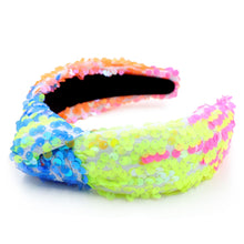 Load image into Gallery viewer, headband for women, summer Knot headband, Summer lover headband, Summer knotted headband, Multicolor top knot headband, multi color top knotted headband, multicolor knotted headband, Bright knot headband, Sequin hair band, neon knot headbands, Neon headband, statement headbands, top knotted headband, knotted headband, Multicolor accessories, embellished headband, gemstone knot headband, luxury headband, embellished knot headband, jeweled knot headband, summer knot embellished headband