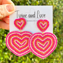 Load image into Gallery viewer, 
Hearts Beaded Earrings, hot Pink Heart Earrings, Valentines Day Earrings, Valentines Beaded Earrings, Seed Bead, Valentines Heart earrings, Pink earrings, pink beaded earrings, Love beaded earrings, valentines beaded earrings, Hearts earrings, fuchsia hearts earrings, holiday gifts, tween girls accessories, Valentine’s day accessories, Best friend gifts, Best selling items, Heart accessories, boho earrings, custom earrings, unique earrings, unique gifts, handmade gifts, Pink Heart earrings