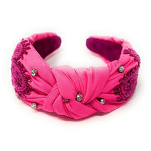 Load image into Gallery viewer, Cowgirl Jeweled Headband, pink Jeweled knot Headband, Nashville Jeweled Knot Headband, Jeweled Knot Headbands, neon pink Knotted Headband, pink knotted headband, birthday gifts, headbands for women, knotted headbands, hair accessories, cowgirl knot headband, embellished denim jeweled headband, bachelorette headband, Bachelorette gifts, embellished headband, Bridal shower gifts, howdy Jeweled headband, howdy knot headband, Nashville girl headband, bling headband, Texas knot headband, Cowgirl accessories