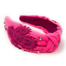 Load image into Gallery viewer, Cowgirl Jeweled Headband, pink Jeweled knot Headband, Nashville Jeweled Knot Headband, Jeweled Knot Headbands, neon pink Knotted Headband, pink knotted headband, birthday gifts, headbands for women, knotted headbands, hair accessories, cowgirl knot headband, embellished denim jeweled headband, bachelorette headband, Bachelorette gifts, embellished headband, Bridal shower gifts, howdy Jeweled headband, howdy knot headband, Nashville girl headband, bling headband, Texas knot headband, Cowgirl accessories