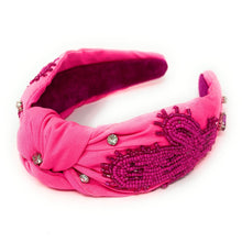 Load image into Gallery viewer, Cowgirl Jeweled Headband, pink Jeweled knot Headband, Nashville Jeweled Knot Headband, Jeweled Knot Headbands, neon pink Knotted Headband, pink knotted headband, birthday gifts, headbands for women, knotted headbands, hair accessories, cowgirl knot headband, embellished denim jeweled headband, bachelorette headband, Bachelorette gifts, embellished headband, Bridal shower gifts, howdy Jeweled headband, howdy knot headband, Nashville girl headband, bling headband, Texas knot headband, Cowgirl accessories