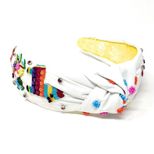 Load image into Gallery viewer, headband for women, Birthday beaded Knot headband, best selling items, birthday headbands, top knot headband, beaded top knot headband, Cinco de Mayo knot headband, Cinco de Mayo hair band, Piñata knotted headband, Pinata headband, statement headbands, Cinco de Mayo top knotted headband, knotted headband, party headbands, Birthday headband, Cinco de Mayo headbands, Fiesta headband, gemstone knot headband, luxury headband, Cinco de Mayo accessories, Cinco de Mayo jeweled knot headband
