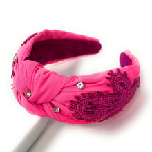 Load image into Gallery viewer, Cowgirl Jeweled Headband, pink Jeweled knot Headband, Nashville Jeweled Knot Headband, Jeweled Knot Headbands, neon pink Knotted Headband, pink knotted headband, birthday gifts, headbands for women, knotted headbands, hair accessories, cowgirl knot headband, embellished denim jeweled headband, bachelorette headband, Bachelorette gifts, embellished headband, Bridal shower gifts, howdy Jeweled headband, howdy knot headband, Nashville girl headband, bling headband, Texas knot headband, Cowgirl accessories