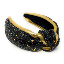 Load image into Gallery viewer, black Headband, birthday Knotted Headband, shimmer Knot Headband, shimmer Hair Accessories, black knot Headband, Best Seller, headbands for women, best selling items, solid color knotted headband, hairbands for women, Christmas gifts, Solid color knot Headband, Solid color hair accessories, gold headband, solid headband, Statement headband, New Years knotted headband, Holiday knot headband, 
top knot solid hairband, New Years headband, Winter headband, Glittery headband