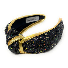 Load image into Gallery viewer, black Headband, birthday Knotted Headband, shimmer Knot Headband, shimmer Hair Accessories, black knot Headband, Best Seller, headbands for women, best selling items, solid color knotted headband, hairbands for women, Christmas gifts, Solid color knot Headband, Solid color hair accessories, gold headband, solid headband, Statement headband, New Years knotted headband, Holiday knot headband, 
top knot solid hairband, New Years headband, Winter headband, Glittery headband