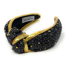 Load image into Gallery viewer, black Headband, birthday Knotted Headband, shimmer Knot Headband, shimmer Hair Accessories, black knot Headband, Best Seller, headbands for women, best selling items, solid color knotted headband, hairbands for women, Christmas gifts, Solid color knot Headband, Solid color hair accessories, gold headband, solid headband, Statement headband, New Years knotted headband, Holiday knot headband, 
top knot solid hairband, New Years headband, Winter headband, Glittery headband
