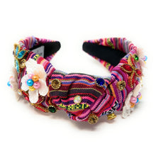Load image into Gallery viewer, cinco de mayo Knot headband, cinco de mayo headband, mexican knotted headband, cinco de mayo accessories, fiesta knot headband, cambaya fabric headband, floral knotted headband, multicolor headband,  multicolor hair band, embellished headbands, Mexico headband, knotted headband, Cinco de Mayo knotted headband, Mexican hair accessories, light pink accessories, Summer headband, colorful headband, Mexican fabric accessories, custom headband, handmade headbands, bachelorette gifts, best selling items