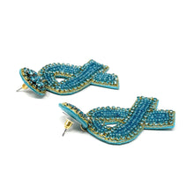 Load image into Gallery viewer, teal ribbon Beaded Earrings, beaded lavender Earrings, teal color Earrings, support cancer awareness Beaded Earrings, cancer ribbon earrings, support ovarian awareness earrings, cervical cancer ribbon earrings, uterine cancer awareness earrings, Beaded earrings, ovarian cancer ribbon earrings, teal ribbon bead earrings, teal ribbon accessories, cancer awareness accessories, support ovarian cancer awareness earrings, gifts for mom, best friend gifts, birthday gifts, teal earrings, teal beaded earrings, suppo
