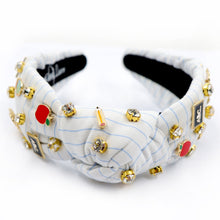 Load image into Gallery viewer, Teacher headband, Teacher top Knot headband, teacher headbands for women, birthday headbands, top knot headband, Statement top knot headband, Teacher knot headband, Teacher appreciation gifts, Teacher hair band, Apple motif headband, statement headbands, Teacher appreciation, Whimsical teacher gift, Elegant teacher gift, Customized headbands, Teacher fashion accessory, Teacher headbands, Gifts for teachers, Teacher gift ideas, handmade teacher accessory