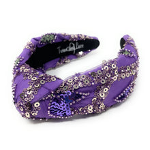 Load image into Gallery viewer, headband for women, purple beaded headband, handmade knot headband, sequin headbands, purple love headband, top knot headband, purple top knot headband, purple sequin knot headband, Top knot headbands, sequin knotted headband, handmade headbands, top knotted headband, Christmas gift ideas, Holiday gifts, best selling items, boho headband, custom headband, handcrafted headband, embellished headband, New Year headband, luxury headband, birthday headband, Unique headband, knotted headband