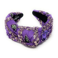 Load image into Gallery viewer, headband for women, purple beaded headband, handmade knot headband, sequin headbands, purple love headband, top knot headband, purple top knot headband, purple sequin knot headband, Top knot headbands, sequin knotted headband, handmade headbands, top knotted headband, Christmas gift ideas, Holiday gifts, best selling items, boho headband, custom headband, handcrafted headband, embellished headband, New Year headband, luxury headband, birthday headband, Unique headband, knotted headband