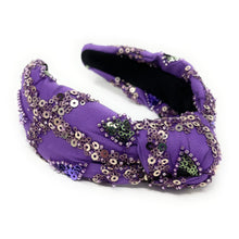 Load image into Gallery viewer, headband for women, purple beaded headband, handmade knot headband, sequin headbands, purple love headband, top knot headband, purple top knot headband, purple sequin knot headband, Top knot headbands, sequin knotted headband, handmade headbands, top knotted headband, Christmas gift ideas, Holiday gifts, best selling items, boho headband, custom headband, handcrafted headband, embellished headband, New Year headband, luxury headband, birthday headband, Unique headband, knotted headband