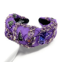 Load image into Gallery viewer, headband for women, purple beaded headband, handmade knot headband, sequin headbands, purple love headband, top knot headband, purple top knot headband, purple sequin knot headband, Top knot headbands, sequin knotted headband, handmade headbands, top knotted headband, Christmas gift ideas, Holiday gifts, best selling items, boho headband, custom headband, handcrafted headband, embellished headband, New Year headband, luxury headband, birthday headband, Unique headband, knotted headband
