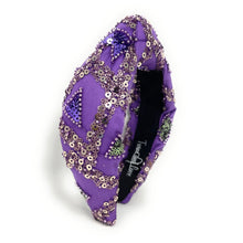 Load image into Gallery viewer, headband for women, purple beaded headband, handmade knot headband, sequin headbands, purple love headband, top knot headband, purple top knot headband, purple sequin knot headband, Top knot headbands, sequin knotted headband, handmade headbands, top knotted headband, Christmas gift ideas, Holiday gifts, best selling items, boho headband, custom headband, handcrafted headband, embellished headband, New Year headband, luxury headband, birthday headband, Unique headband, knotted headband