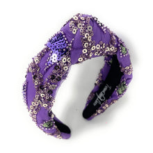 Load image into Gallery viewer, headband for women, purple beaded headband, handmade knot headband, sequin headbands, purple love headband, top knot headband, purple top knot headband, purple sequin knot headband, Top knot headbands, sequin knotted headband, handmade headbands, top knotted headband, Christmas gift ideas, Holiday gifts, best selling items, boho headband, custom headband, handcrafted headband, embellished headband, New Year headband, luxury headband, birthday headband, Unique headband, knotted headband