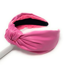Load image into Gallery viewer, headband for women, pink vegan headbands, PU leather knot headband, headbands for women, stylish headbands, headband style, pink top knot headband, woven top knot headband, pink headband, pink hairband, Vegan knot headbands, top knotted headband, light pink headband, leather headbands, PU leather headbands, vegan top knotted headband, knotted headband, custom headband, PU leather headband, statement headbands, Pink vegan knotted headband, pearly knot headband, Solid color headband, Solid knot headband
