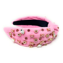 Load image into Gallery viewer, VALENTINES day Jeweled Headband, Valentine’s Day Headband, Pink Jeweled Knot Headband, Jeweled Knot Headbands, Valentines Day Knotted Headband, knotted headband, birthday gift for her, headbands for women, best selling items, knotted headbands, boho headband, purple knot headband, valentine ’s day headband, valentines headband, valentines day gifts, embellished headband, heart stud headband, XOXO headband, pink velour headband, handmade headband, XOXO knot headband, custom headband