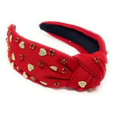 Load image into Gallery viewer, VALENTINES Jeweled Headband, Valentine’s Day Headband, red Jeweled Knot Headband, Jeweled Knot Headbands, Valentines Day Knotted Headband, knotted headband, birthday gift for her, headbands for women, best selling items, knotted headbands, boho headband, red valentine’s day knot headband, valentine ’s day headband, valentines headband, valentines day gifts, embellished headband, heart stud headband, red headband, gold hearts headband, handmade headband, red knot headband, custom headband