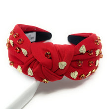 Load image into Gallery viewer, VALENTINES Jeweled Headband, Valentine’s Day Headband, red Jeweled Knot Headband, Jeweled Knot Headbands, Valentines Day Knotted Headband, knotted headband, birthday gift for her, headbands for women, best selling items, knotted headbands, boho headband, red valentine’s day knot headband, valentine ’s day headband, valentines headband, valentines day gifts, embellished headband, heart stud headband, red headband, gold hearts headband, handmade headband, red knot headband, custom headband