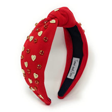 Load image into Gallery viewer, VALENTINES Jeweled Headband, Valentine’s Day Headband, red Jeweled Knot Headband, Jeweled Knot Headbands, Valentines Day Knotted Headband, knotted headband, birthday gift for her, headbands for women, best selling items, knotted headbands, boho headband, red valentine’s day knot headband, valentine ’s day headband, valentines headband, valentines day gifts, embellished headband, heart stud headband, red headband, gold hearts headband, handmade headband, red knot headband, custom headband