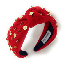 Load image into Gallery viewer, VALENTINES Jeweled Headband, Valentine’s Day Headband, red Jeweled Knot Headband, Jeweled Knot Headbands, Valentines Day Knotted Headband, knotted headband, birthday gift for her, headbands for women, best selling items, knotted headbands, boho headband, red valentine’s day knot headband, valentine ’s day headband, valentines headband, valentines day gifts, embellished headband, heart stud headband, red headband, gold hearts headband, handmade headband, red knot headband, custom headband