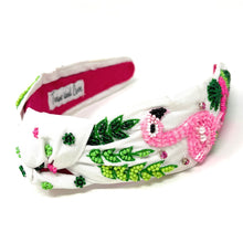 Load image into Gallery viewer, headband for women, flamingo Knot headband, flamingo headbands, Flamingo knotted headband, summer top knot headband, white top knot headband, white knotted headband, flamingo hair band, Flamingo party, beaded flamingo knot headband, statement headbands, top knotted headband, knotted headband, mom to be gifts, flamingo embellished headband, resort headband, luxury headband, embellished knot headband, jeweled knot headband, Summer knot headbands, flamingo party favors, Pink Flamingo headband