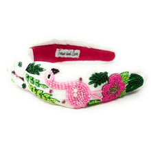 Load image into Gallery viewer, headband for women, flamingo Knot headband, flamingo headbands, Flamingo knotted headband, summer top knot headband, white top knot headband, white knotted headband, flamingo hair band, Flamingo party, beaded flamingo knot headband, statement headbands, top knotted headband, knotted headband, mom to be gifts, flamingo embellished headband, resort headband, luxury headband, embellished knot headband, jeweled knot headband, Summer knot headbands, flamingo party favors, Pink Flamingo headband