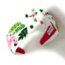 Load image into Gallery viewer, headband for women, flamingo Knot headband, flamingo headbands, Flamingo knotted headband, summer top knot headband, white top knot headband, white knotted headband, flamingo hair band, Flamingo party, beaded flamingo knot headband, statement headbands, top knotted headband, knotted headband, mom to be gifts, flamingo embellished headband, resort headband, luxury headband, embellished knot headband, jeweled knot headband, Summer knot headbands, flamingo party favors, Pink Flamingo headband