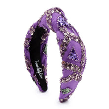 Load image into Gallery viewer, headband for women, purple beaded headband, handmade knot headband, sequin headbands, purple love headband, top knot headband, purple top knot headband, purple sequin knot headband, Top knot headbands, sequin knotted headband, handmade headbands, top knotted headband, Christmas gift ideas, Holiday gifts, best selling items, boho headband, custom headband, handcrafted headband, embellished headband, New Year headband, luxury headband, birthday headband, Unique headband, knotted headband