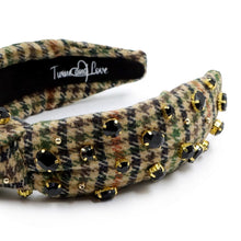 Load image into Gallery viewer, headband for women, houndstooth Knotted headband, headbands for women, houndstooth jeweled headbands, top knot headband, Houndstooth top knot headband, houndstooth Tweed headband, Tweed knot hair band, tan/black houndstooth, top knotted headband, statement headbands, black brown houndstooth headband, knotted headband, party headbands, black brown headband, embellished headband, rhinestone headband, gemstone headband for women, luxury headband, jeweled knot headband, gingham tweed Knot headband