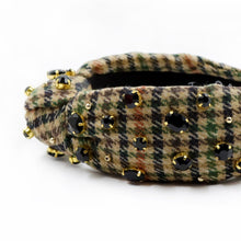 Load image into Gallery viewer, headband for women, houndstooth Knotted headband, headbands for women, houndstooth jeweled headbands, top knot headband, Houndstooth top knot headband, houndstooth Tweed headband, Tweed knot hair band, tan/black houndstooth, top knotted headband, statement headbands, black brown houndstooth headband, knotted headband, party headbands, black brown headband, embellished headband, rhinestone headband, gemstone headband for women, luxury headband, jeweled knot headband, gingham tweed Knot headband