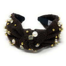 Load image into Gallery viewer, headbands for women, Wide headband, handmade headbands, top knotted headband, knotted headband, hair band for women, embellished headband, rhinestone headband, gemstone headband for women, luxury headband, jeweled headband for women, knotted jeweled headband, bling headband, embellished knot headband, luxury knot headband, pearly headbands, pearly rhinestone headband, fall hair accessories, fall headbands, winter headbands, plain jeweled headband, embellished plaid headband, best selling items