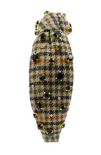 Load image into Gallery viewer, headband for women, houndstooth Knotted headband, headbands for women, houndstooth jeweled headbands, top knot headband, Houndstooth top knot headband, houndstooth Tweed headband, Tweed knot hair band, tan/black houndstooth, top knotted headband, statement headbands, black brown houndstooth headband, knotted headband, party headbands, black brown headband, embellished headband, rhinestone headband, gemstone headband for women, luxury headband, jeweled knot headband, gingham tweed Knot headband