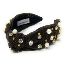 Load image into Gallery viewer, headbands for women, Wide headband, handmade headbands, top knotted headband, knotted headband, hair band for women, embellished headband, rhinestone headband, gemstone headband for women, luxury headband, jeweled headband for women, knotted jeweled headband, bling headband, embellished knot headband, luxury knot headband, pearly headbands, pearly rhinestone headband, fall hair accessories, fall headbands, winter headbands, plain jeweled headband, embellished plaid headband, best selling items