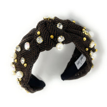 Load image into Gallery viewer, headbands for women, Wide headband, handmade headbands, top knotted headband, knotted headband, hair band for women, embellished headband, rhinestone headband, gemstone headband for women, luxury headband, jeweled headband for women, knotted jeweled headband, bling headband, embellished knot headband, luxury knot headband, pearly headbands, pearly rhinestone headband, fall hair accessories, fall headbands, winter headbands, plain jeweled headband, embellished plaid headband, best selling items